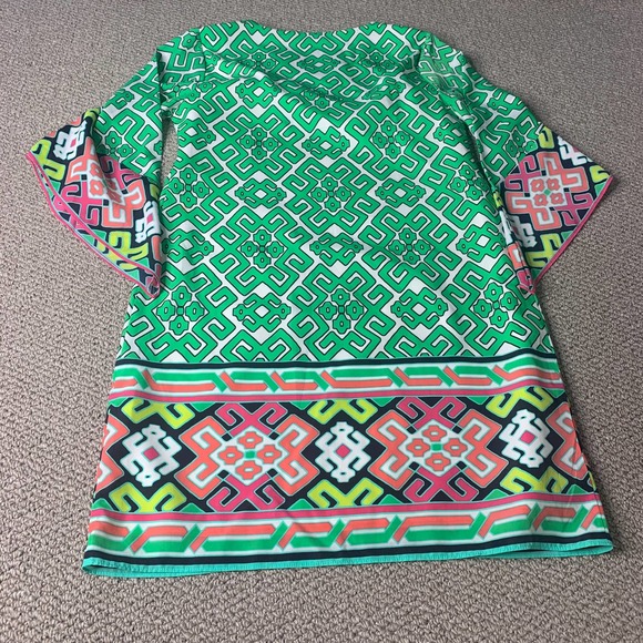 Crown & Ivy Womens Dress Size 4P Green Pink Geometric Kimono Sleeves Shift Work - Picture 6 of 11